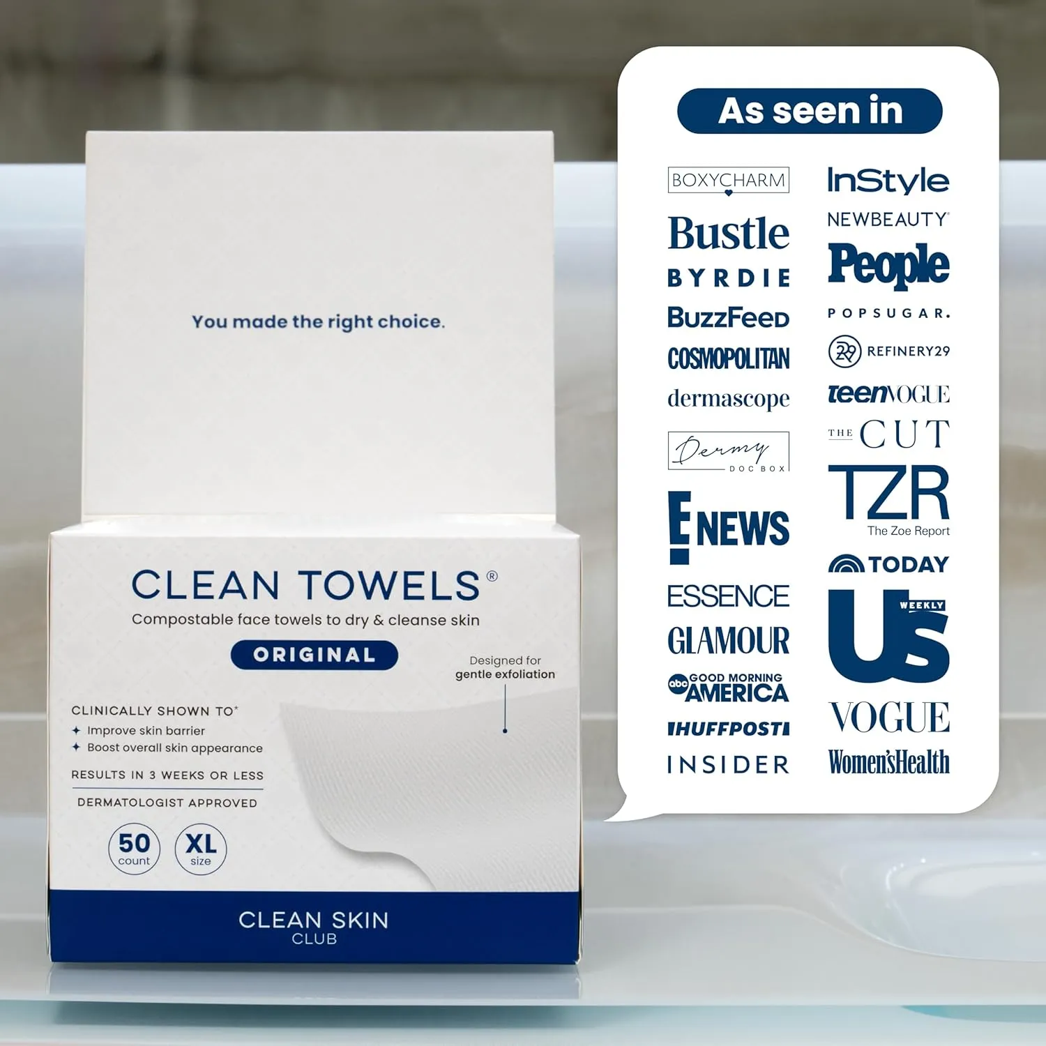 Clean Towels packaging with as seen in media logos